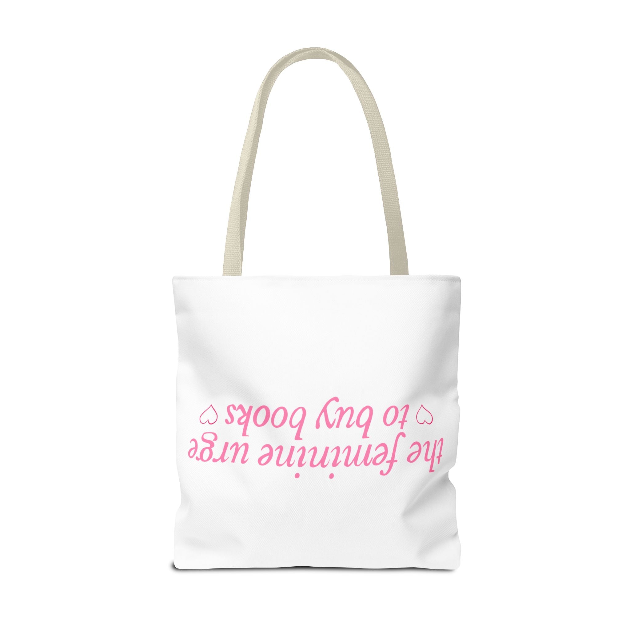 Book Lover Tote Bag — “the feminine urge to buy books” Pink Script
