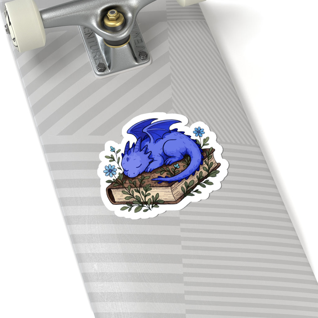 Sleeping Blue Dragon Sticker on Books — Cute Fantasy Bookish Vinyl