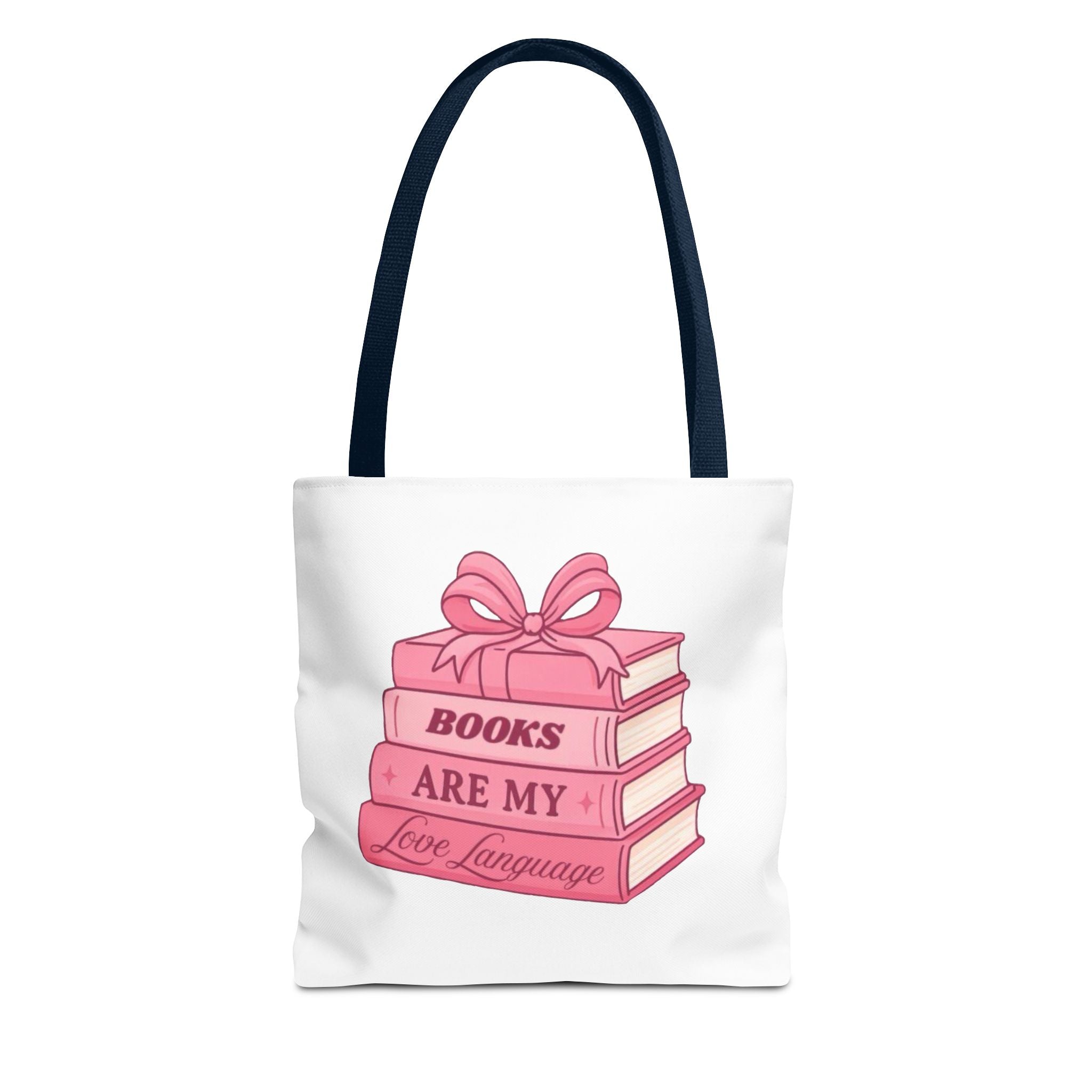 Books Are My Love Language Tote Bag — Cute Pink Stack of Books AOP Tote