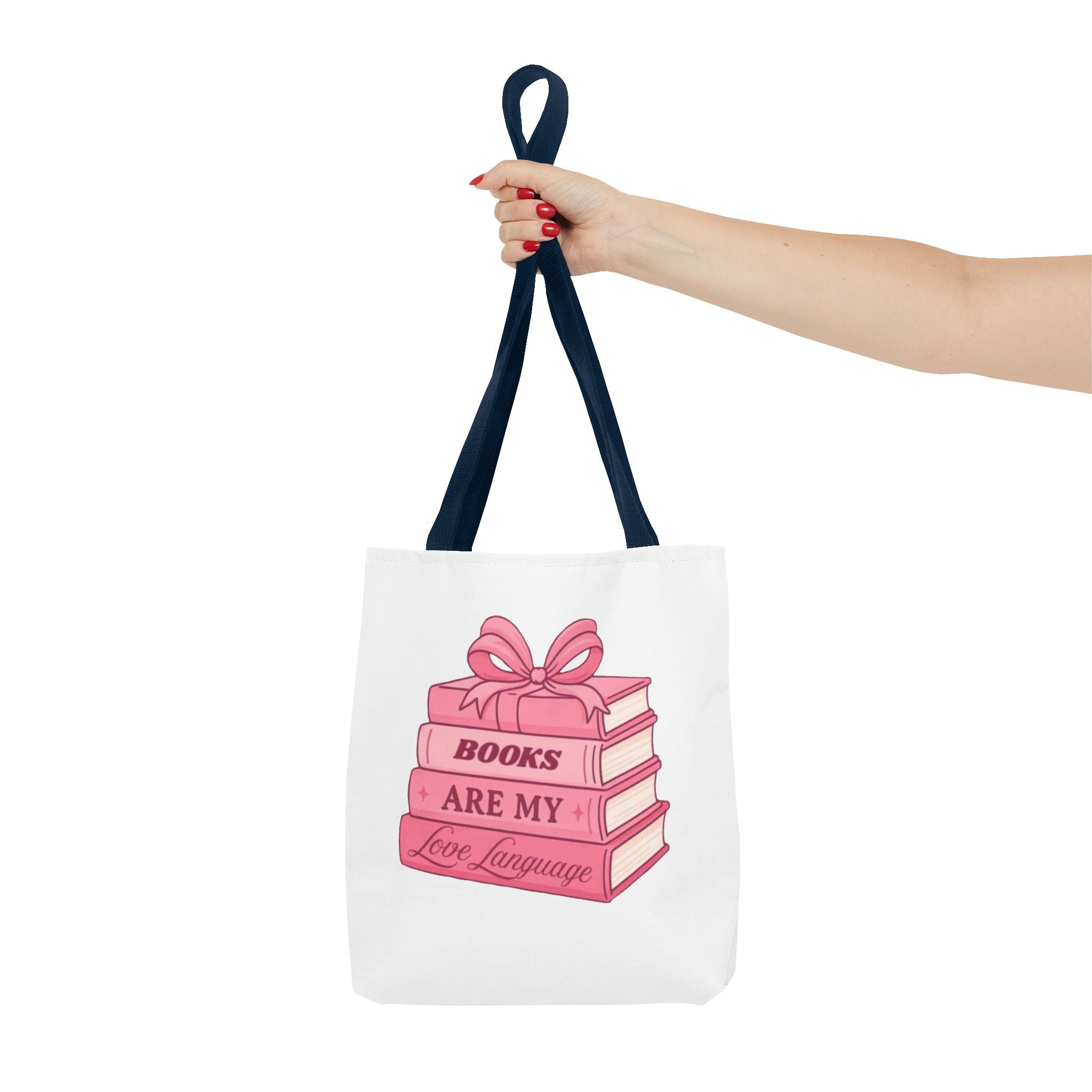 Books Are My Love Language Tote Bag — Cute Pink Stack of Books AOP Tote