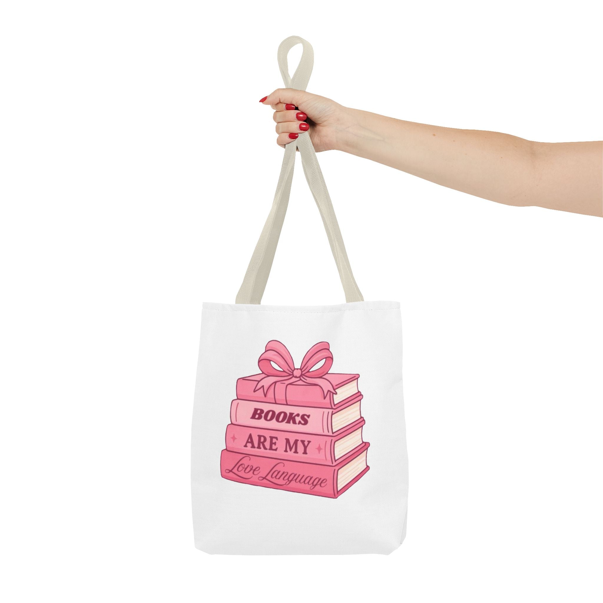 Books Are My Love Language Tote Bag — Cute Pink Stack of Books AOP Tote