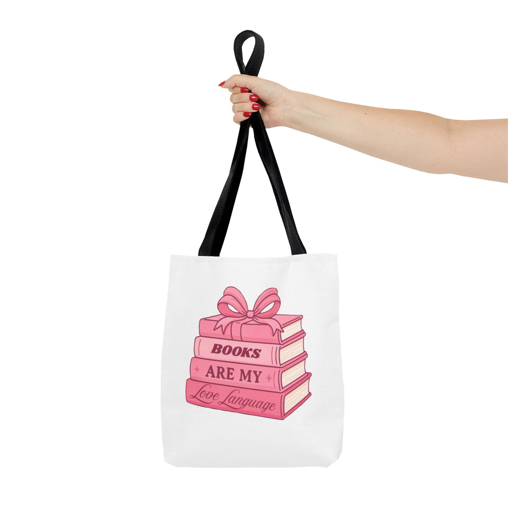 Books Are My Love Language Tote Bag — Cute Pink Stack of Books AOP Tote