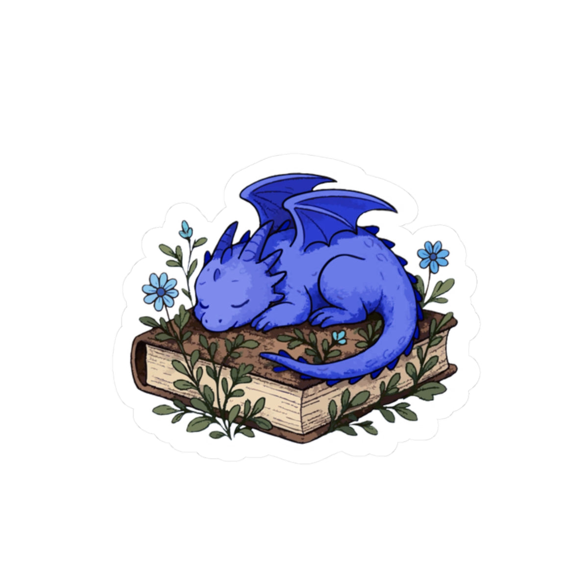 Sleeping Blue Dragon Sticker on Books — Cute Fantasy Bookish Vinyl