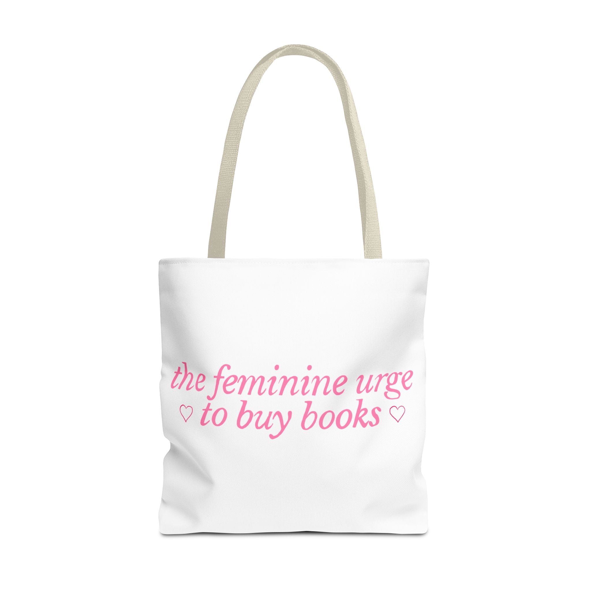Book Lover Tote Bag — “the feminine urge to buy books” Pink Script