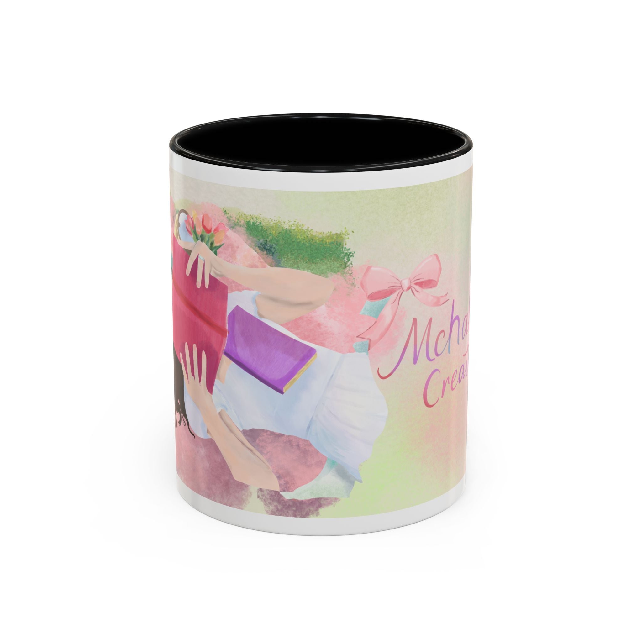Pastel Floral Accent Coffee Mug — "Mchalie Creates" Artist Logo