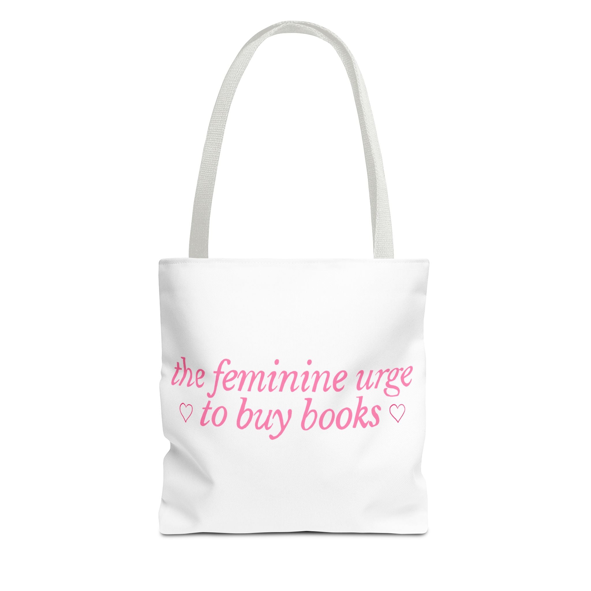 Book Lover Tote Bag — “the feminine urge to buy books” Pink Script