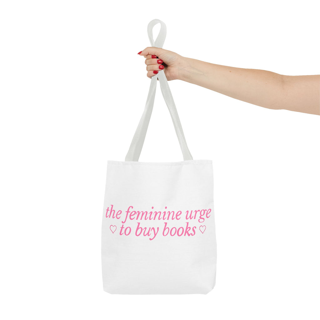 Book Lover Tote Bag — “the feminine urge to buy books” Pink Script