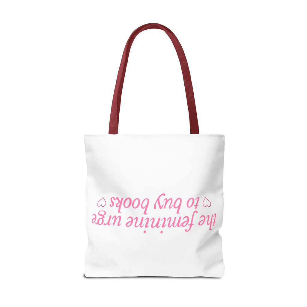 Book Lover Tote Bag — “the feminine urge to buy books” Pink Script