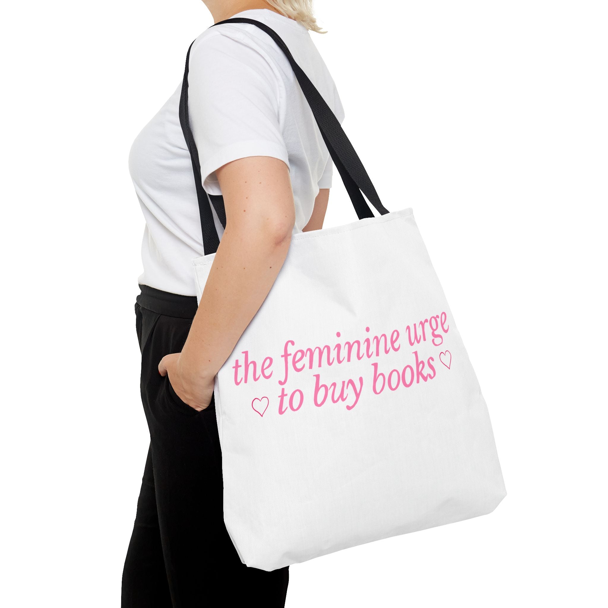 Book Lover Tote Bag — “the feminine urge to buy books” Pink Script