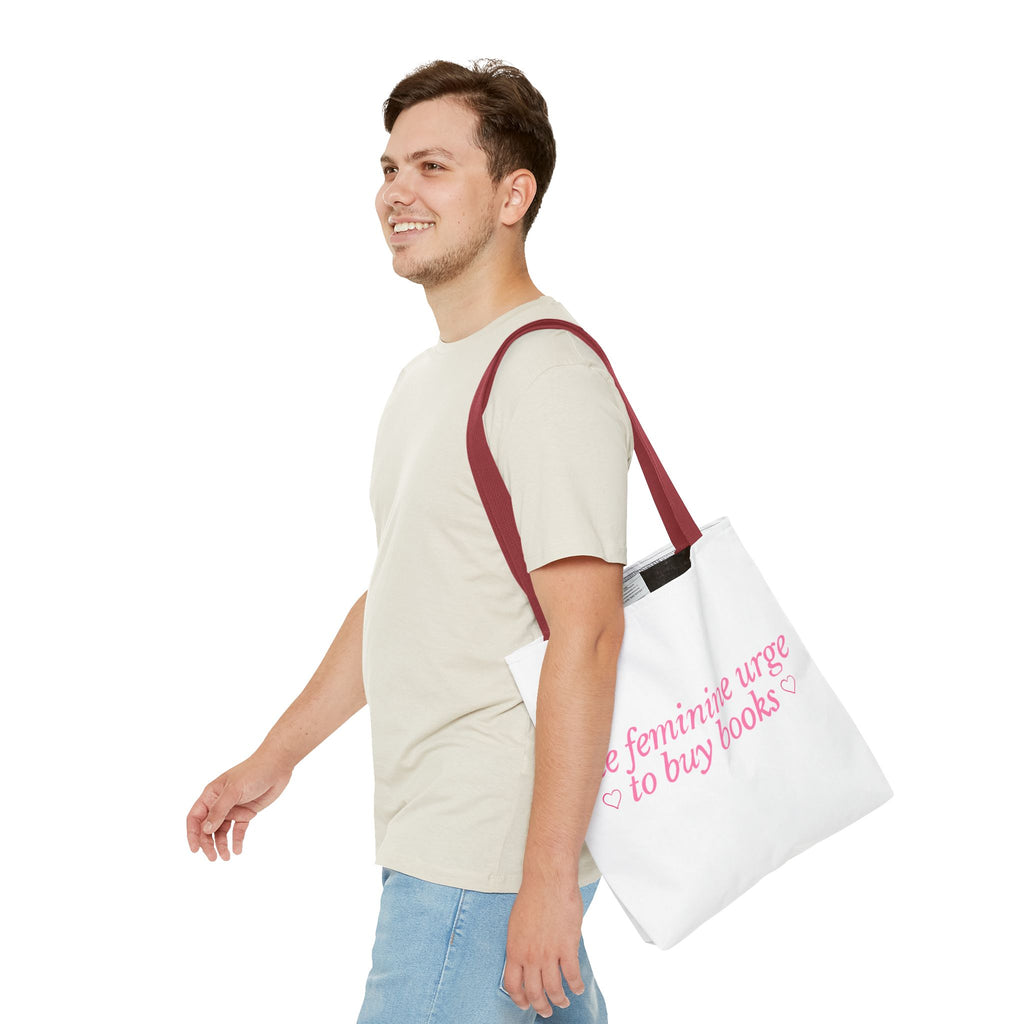 Book Lover Tote Bag — “the feminine urge to buy books” Pink Script