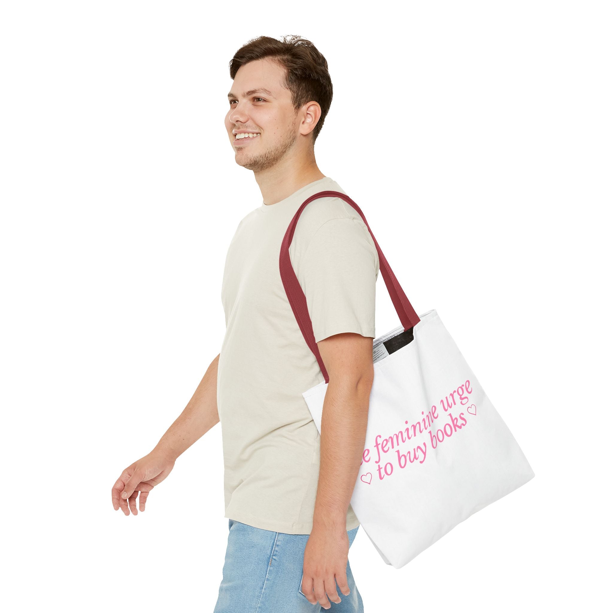 Book Lover Tote Bag — “the feminine urge to buy books” Pink Script