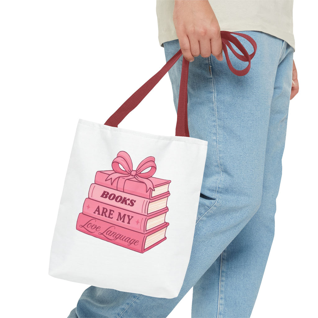 Books Are My Love Language Tote Bag — Cute Pink Stack of Books AOP Tote