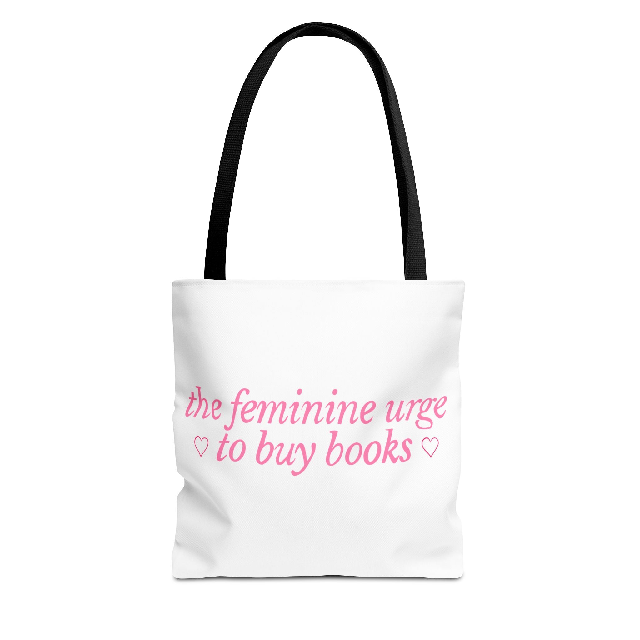 Book Lover Tote Bag — “the feminine urge to buy books” Pink Script