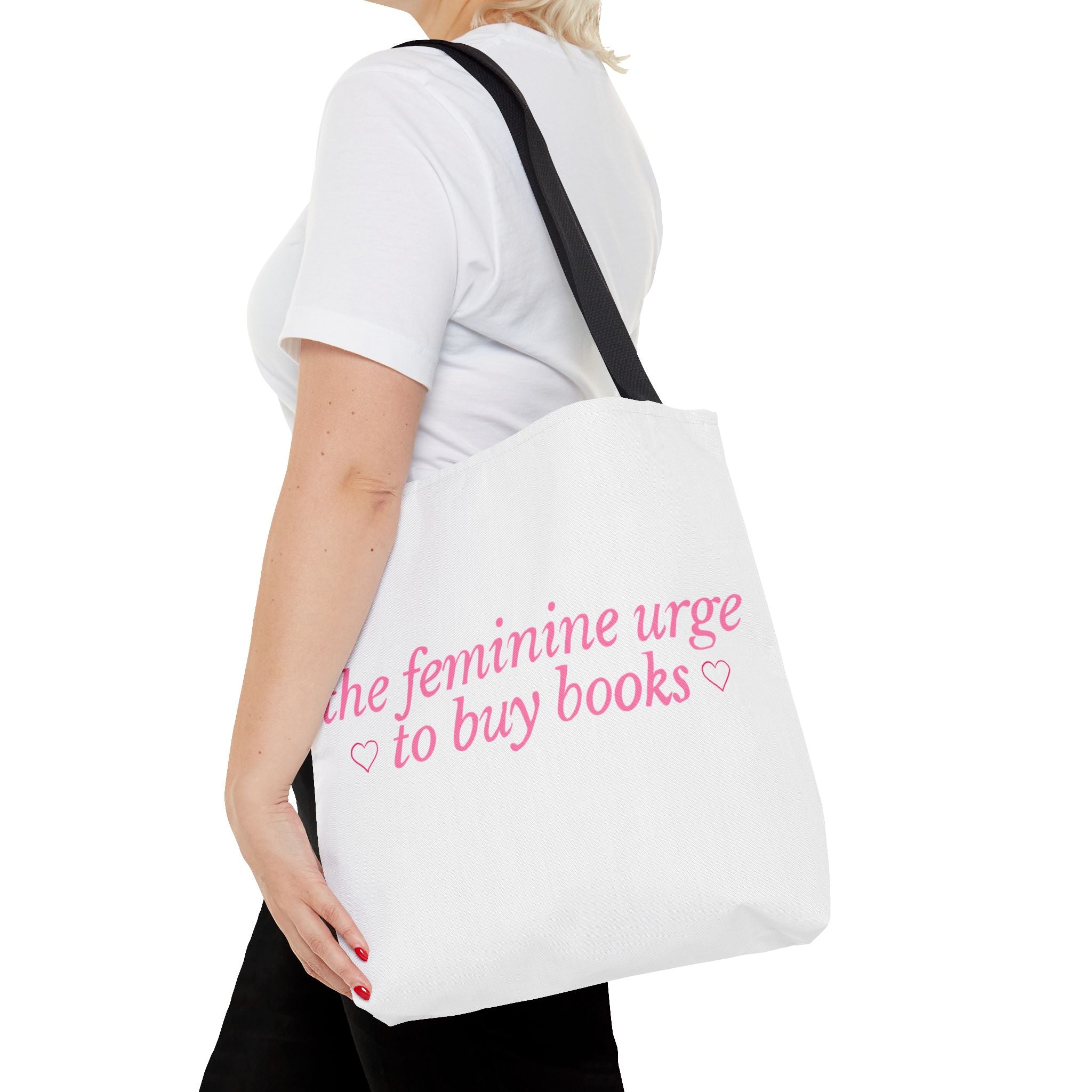 Book Lover Tote Bag — “the feminine urge to buy books” Pink Script