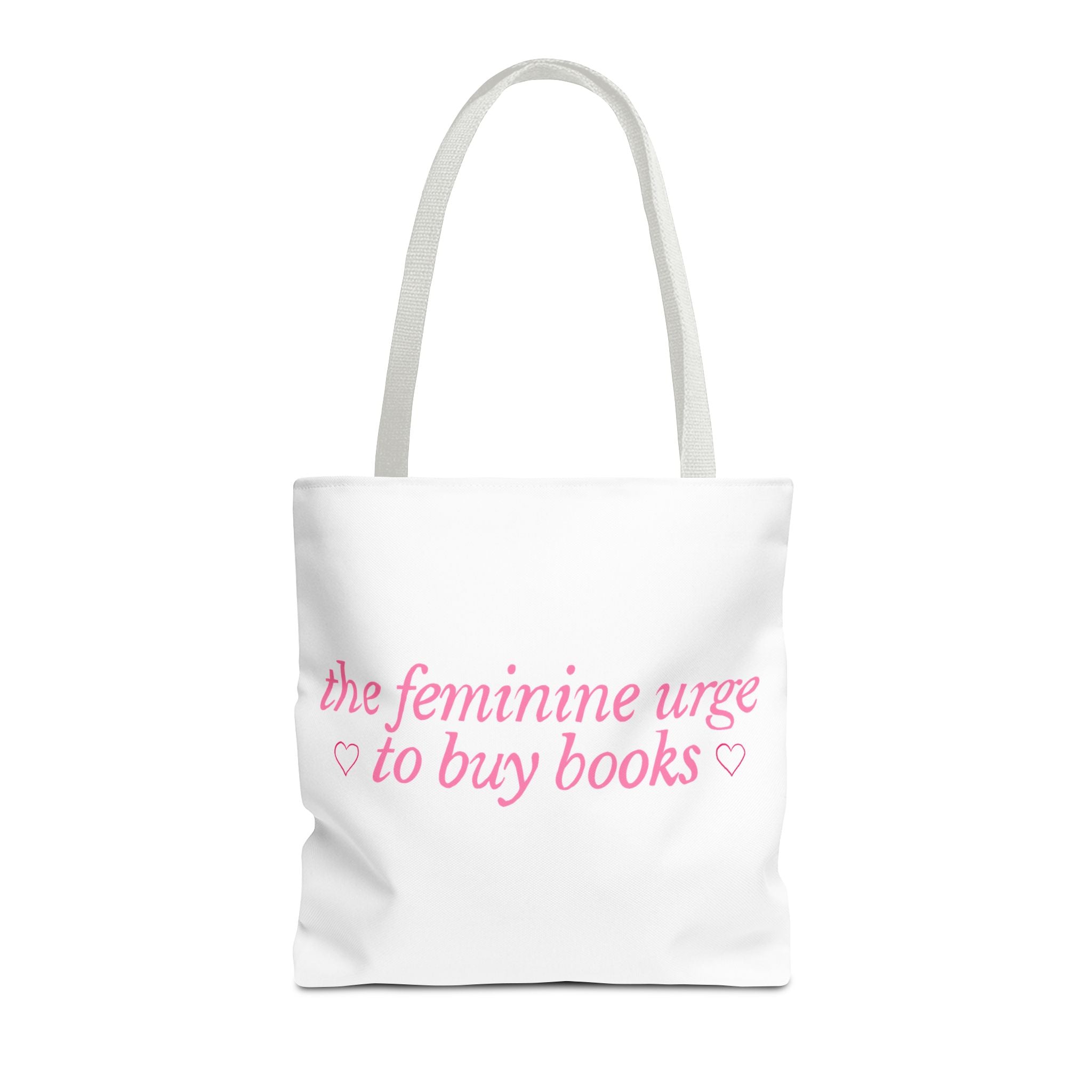 Book Lover Tote Bag — “the feminine urge to buy books” Pink Script