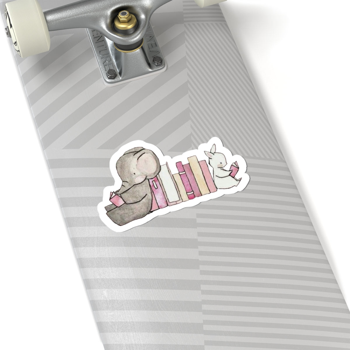 Cute Elephant & Bunny Reading Bookstack Sticker — Watercolor Kids Laptop Decal