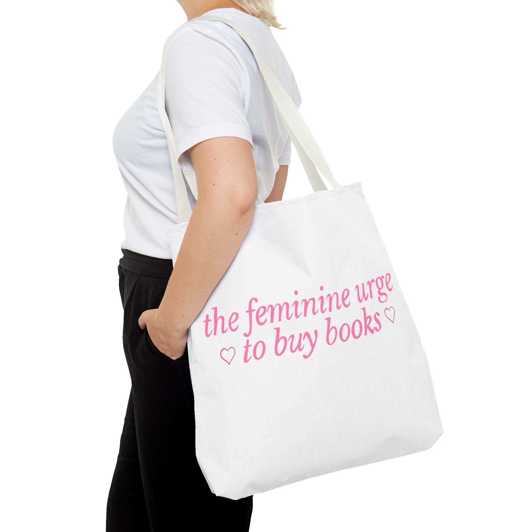 Book Lover Tote Bag — “the feminine urge to buy books” Pink Script