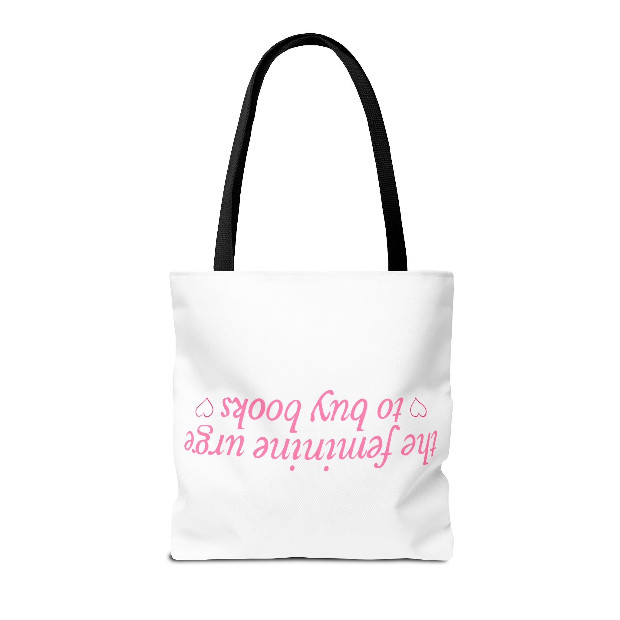 Book Lover Tote Bag — “the feminine urge to buy books” Pink Script