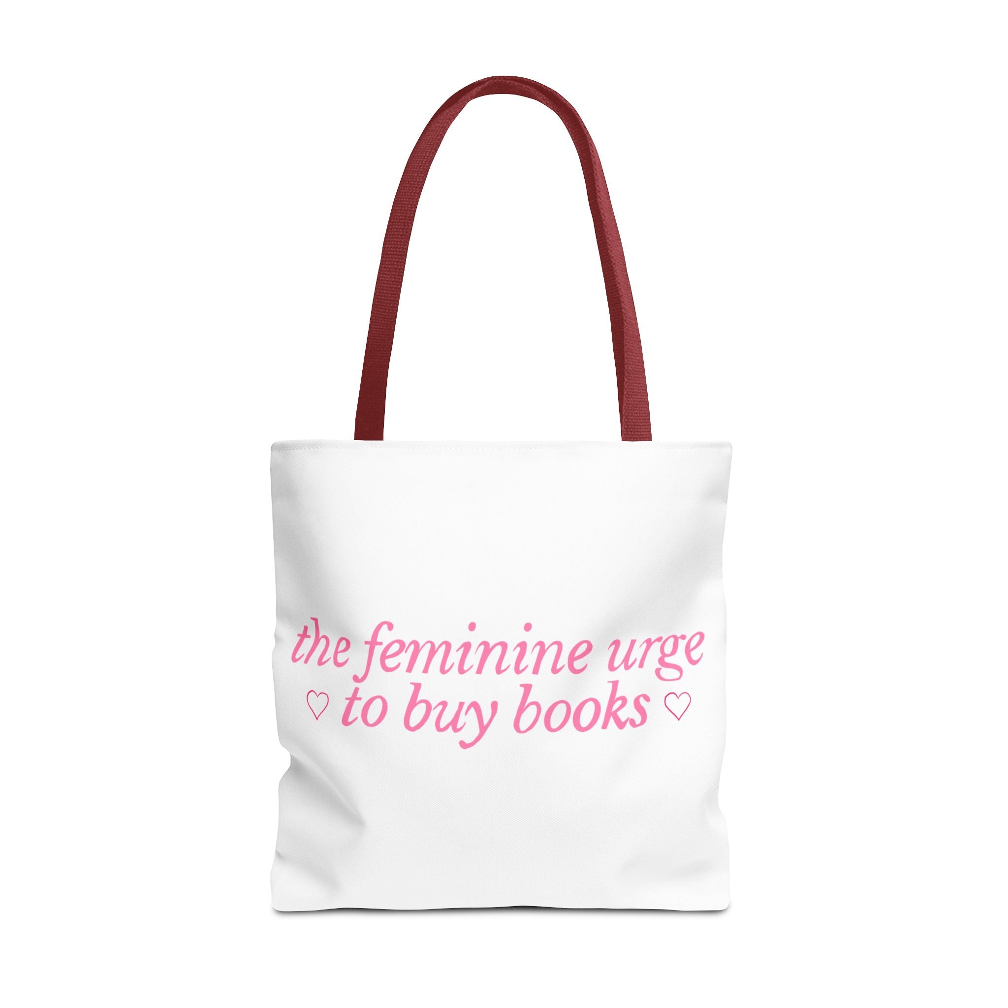 Book Lover Tote Bag — “the feminine urge to buy books” Pink Script