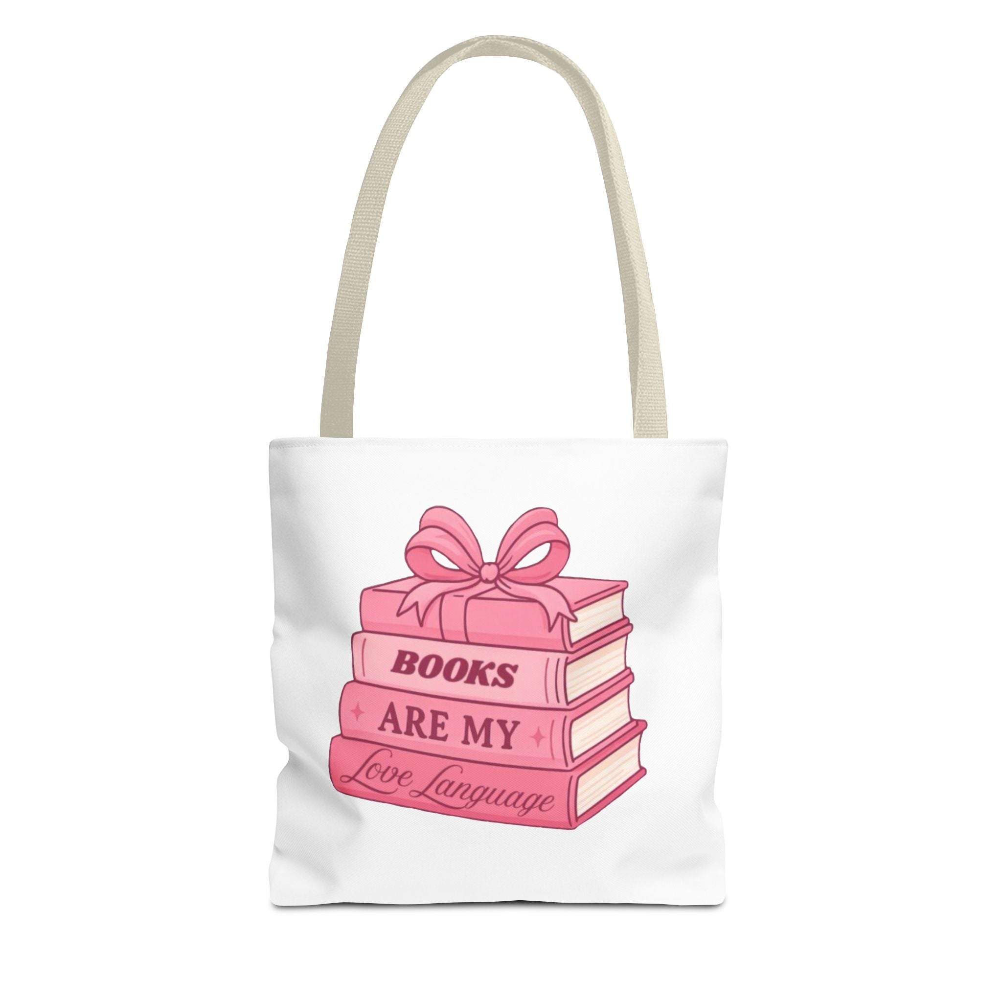 Books Are My Love Language Tote Bag — Cute Pink Stack of Books AOP Tote