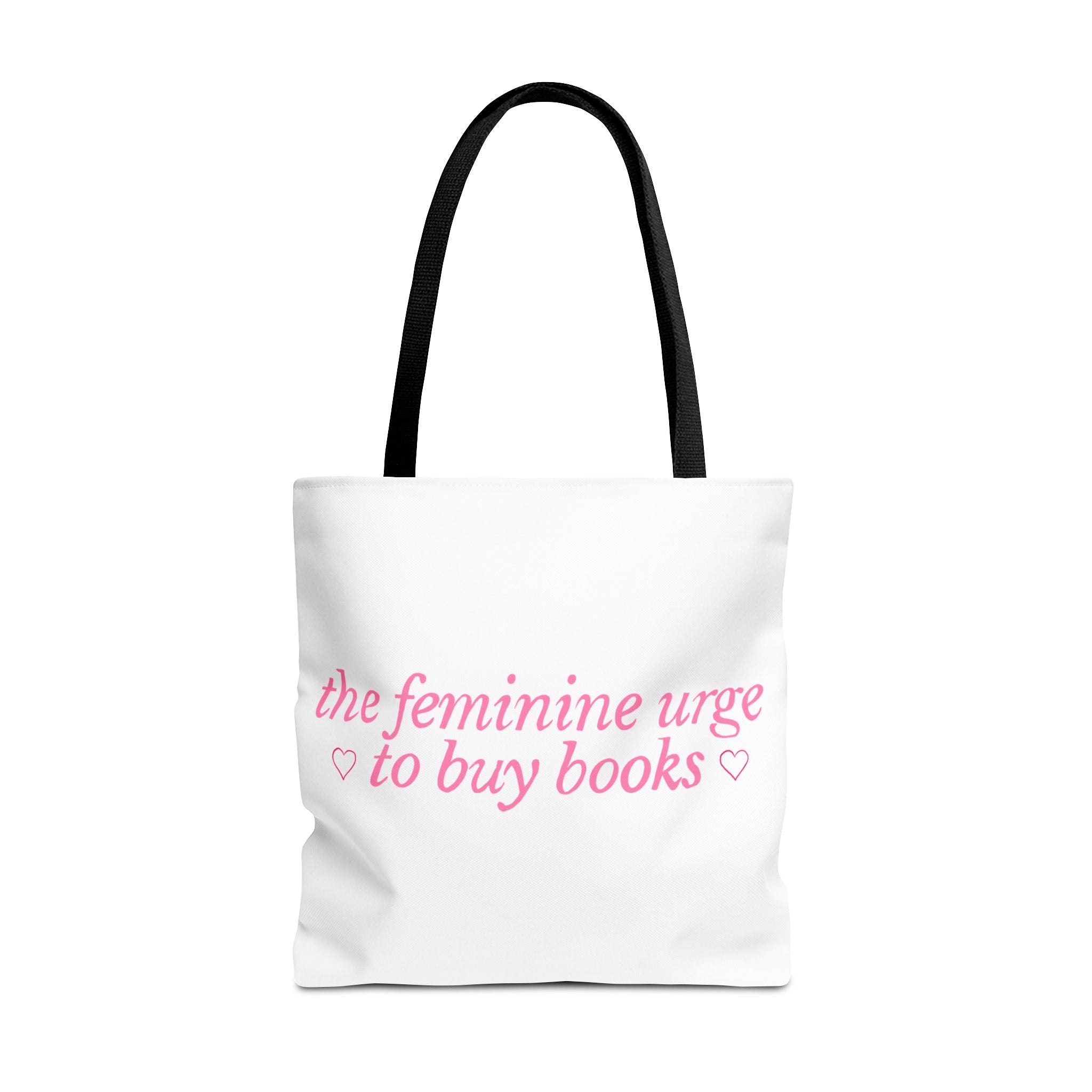 Book Lover Tote Bag — “the feminine urge to buy books” Pink Script