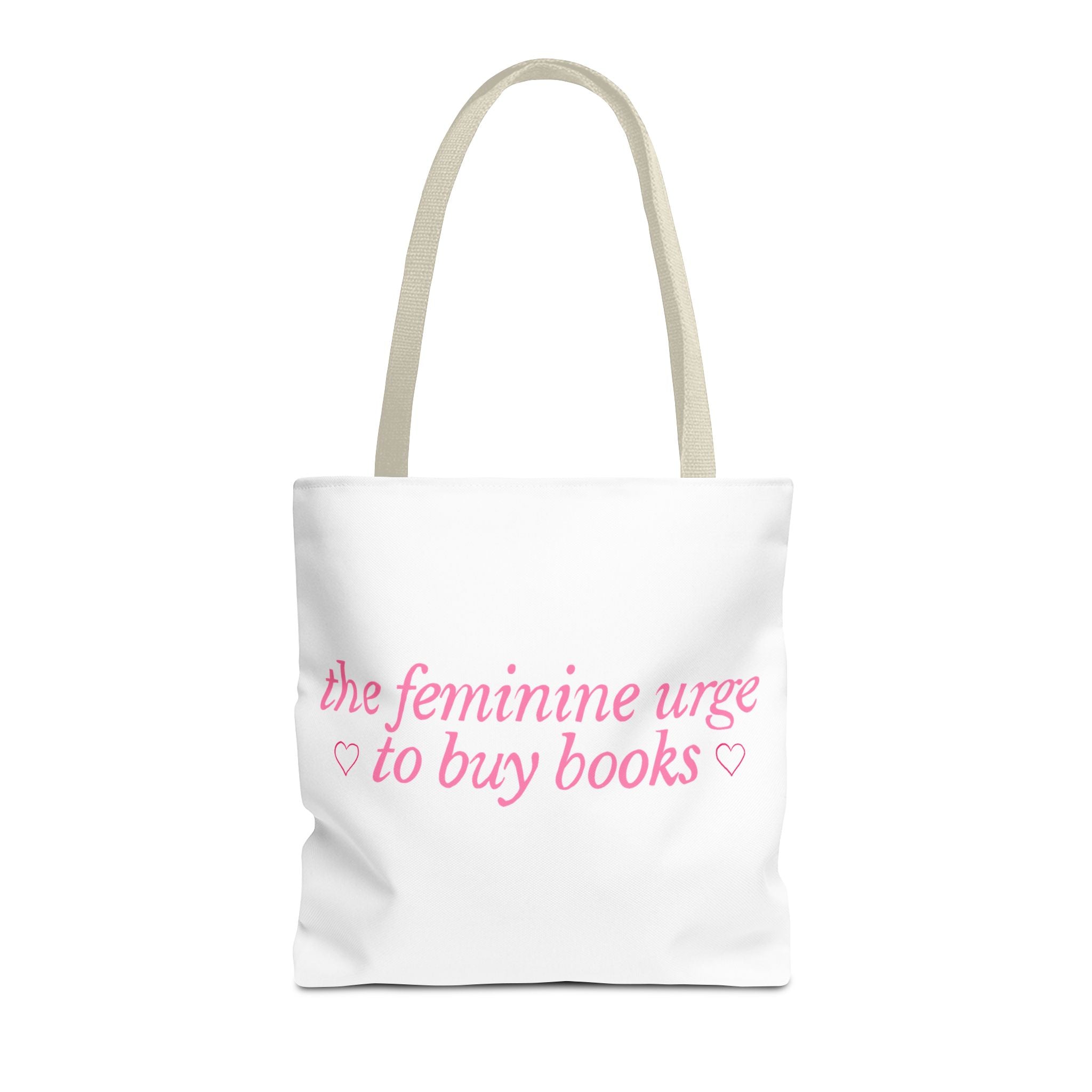 Book Lover Tote Bag — “the feminine urge to buy books” Pink Script