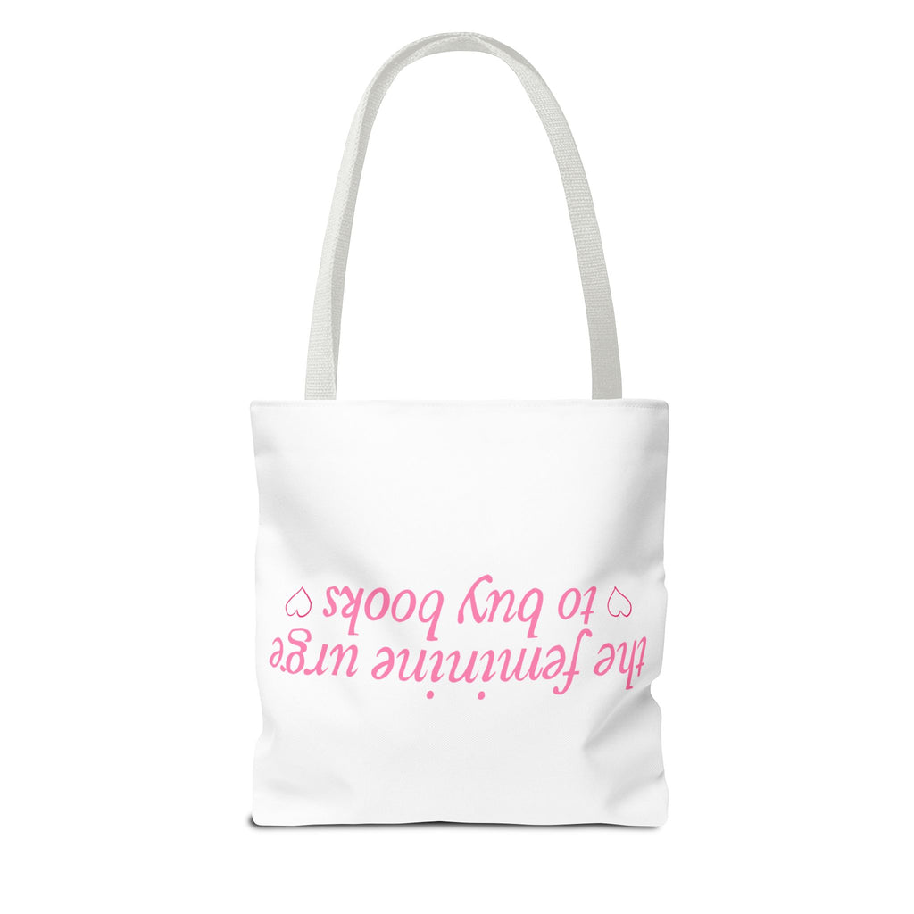 Book Lover Tote Bag — “the feminine urge to buy books” Pink Script