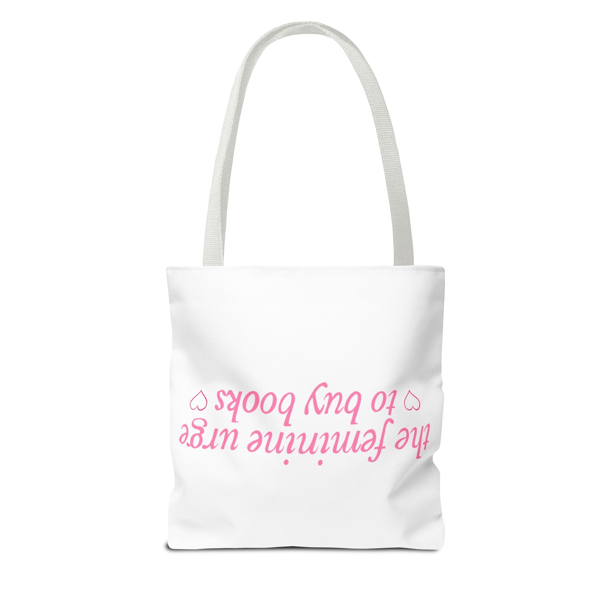 Book Lover Tote Bag — “the feminine urge to buy books” Pink Script