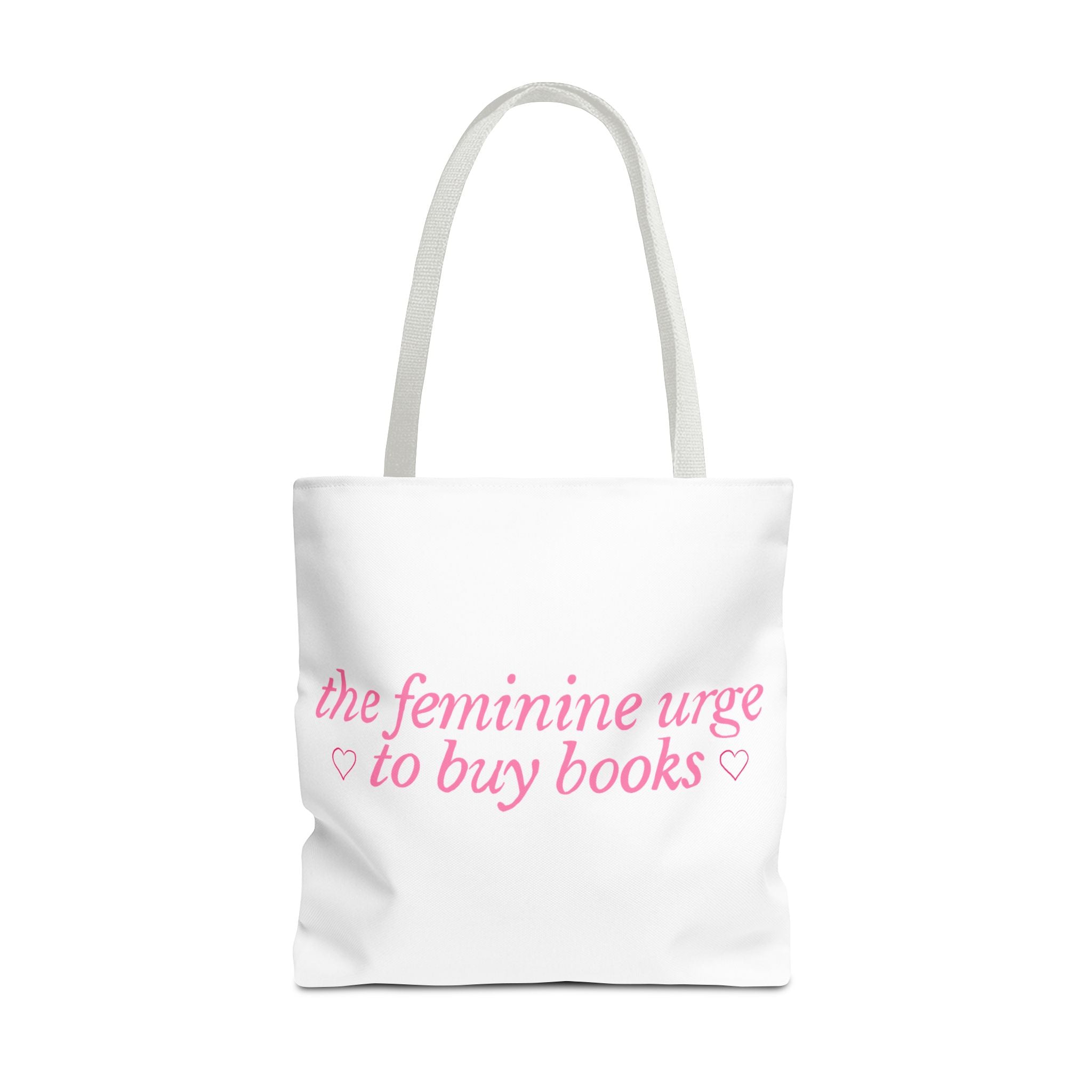 Book Lover Tote Bag — “the feminine urge to buy books” Pink Script