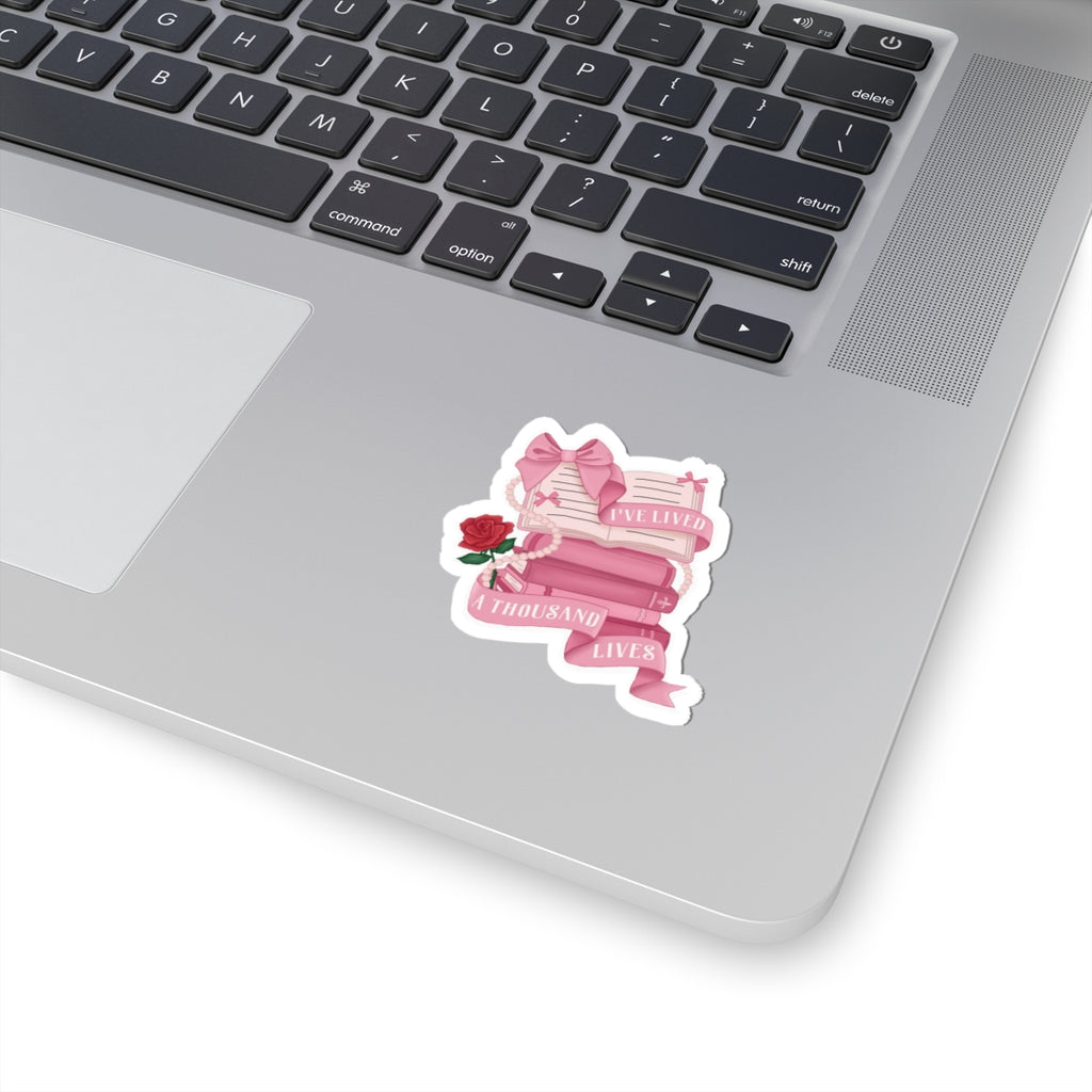 Book Lover Sticker Pink Stack with Rose & “I’ve Lived a Thousand Lives” Ribbon Decal