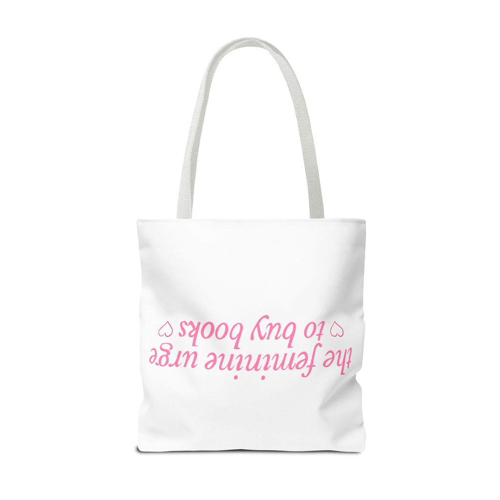 Book Lover Tote Bag — “the feminine urge to buy books” Pink Script