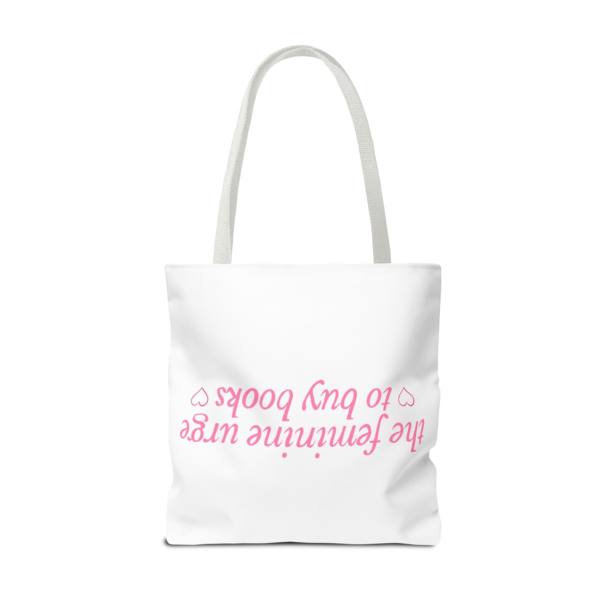 Book Lover Tote Bag — “the feminine urge to buy books” Pink Script