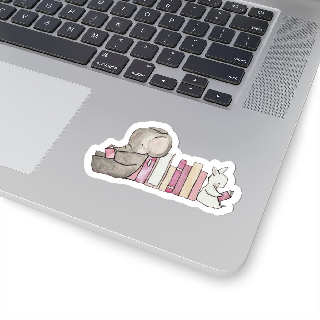 Cute Elephant & Bunny Reading Bookstack Sticker — Watercolor Kids Laptop Decal