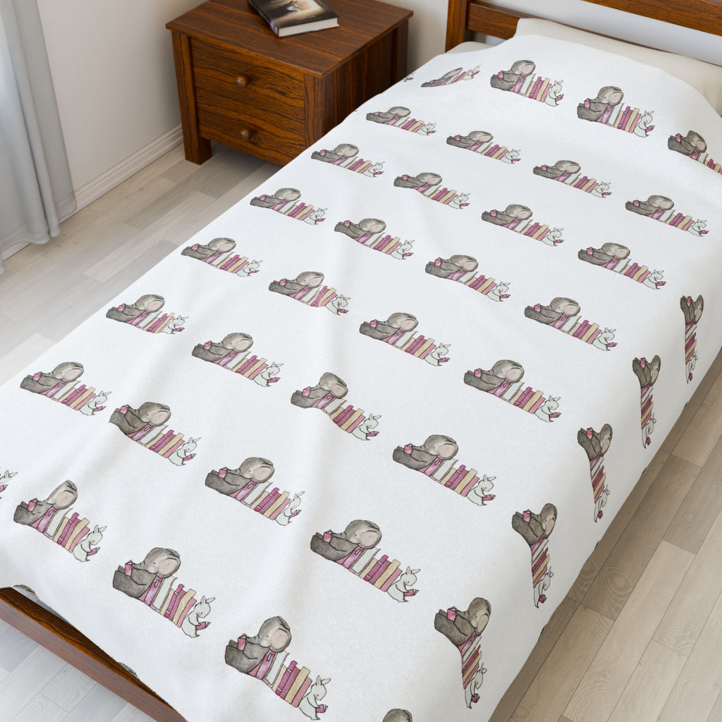 Plush Reading Elephant Velveteen Blanket – Cozy Nursery Throw for Kids & Book Lovers