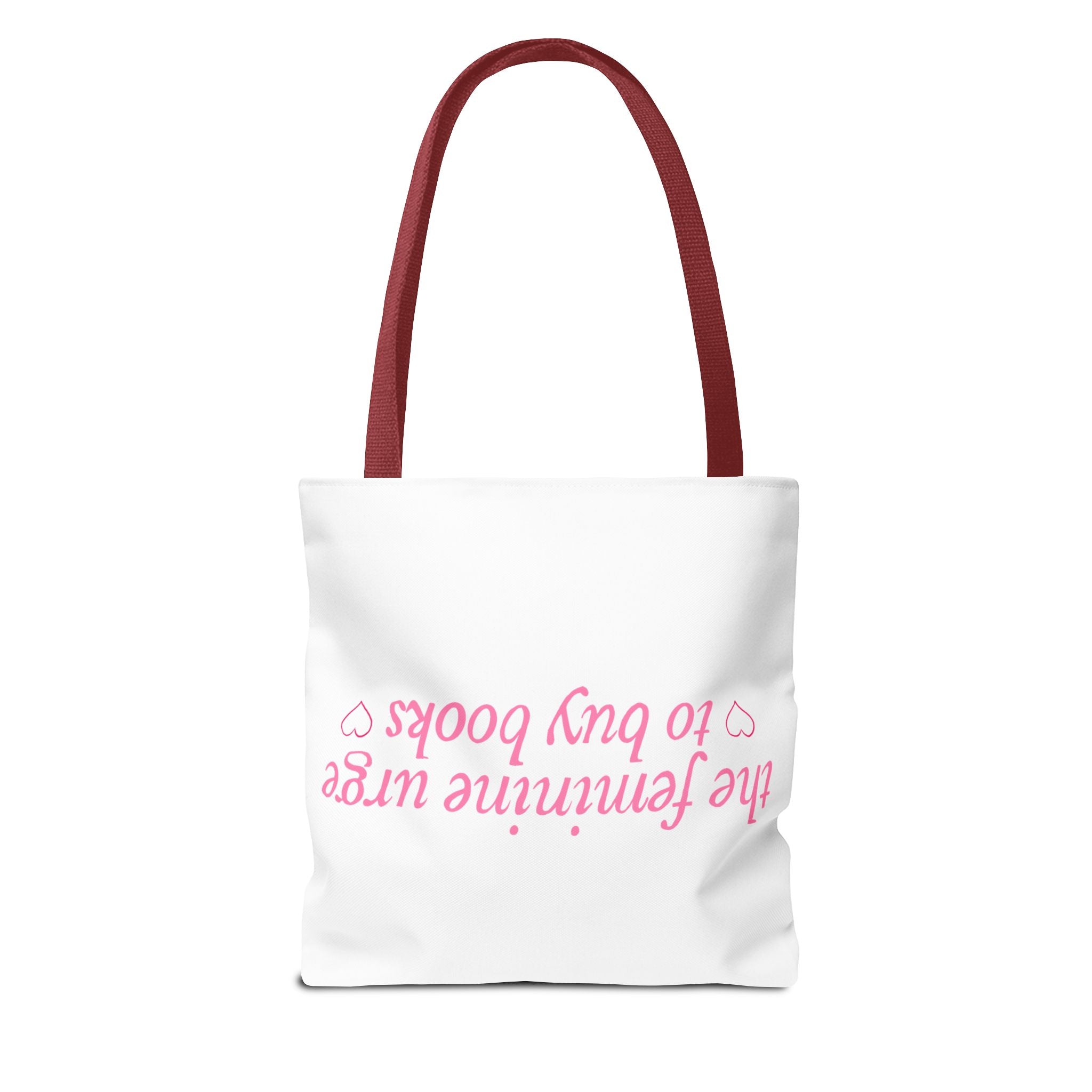 Book Lover Tote Bag — “the feminine urge to buy books” Pink Script