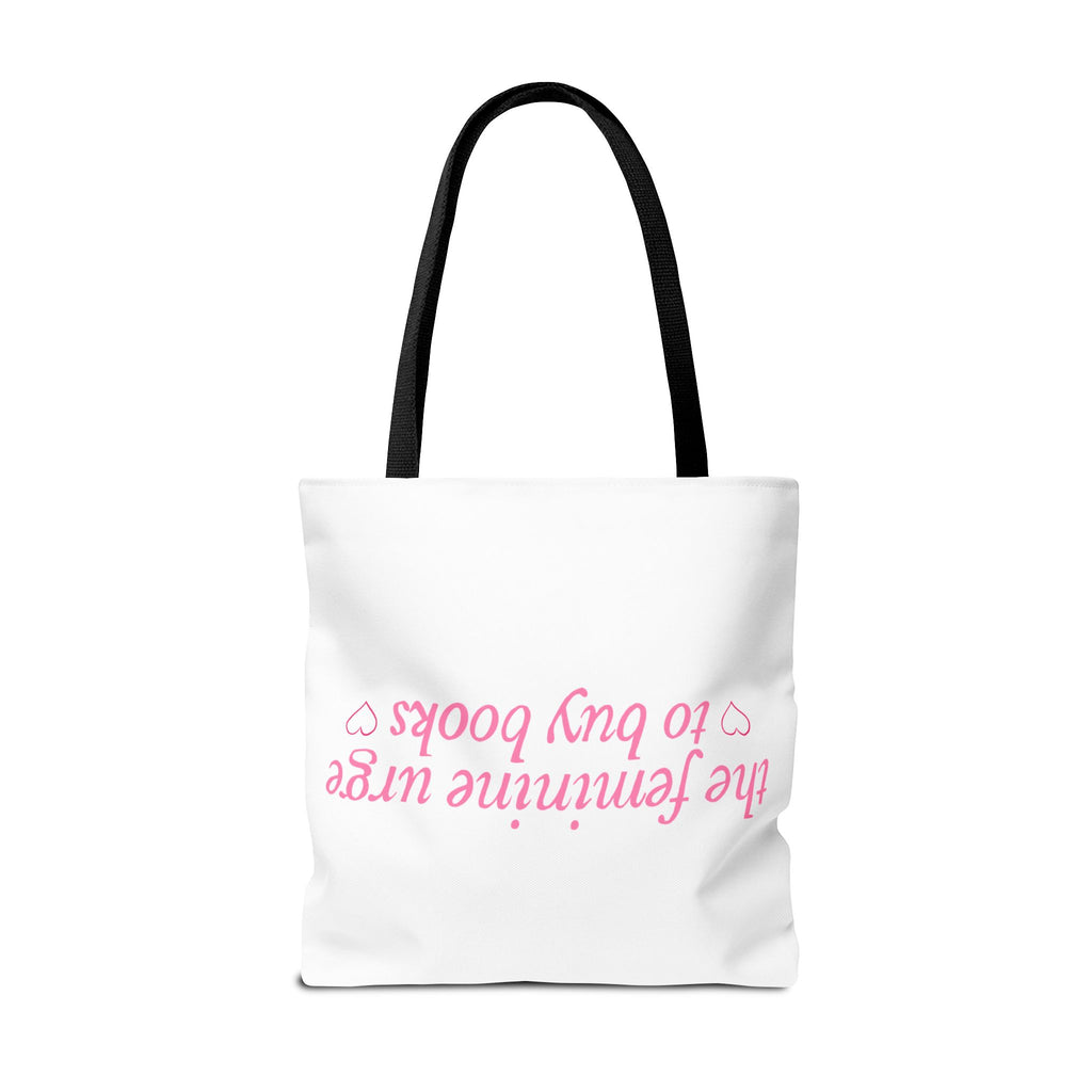 Book Lover Tote Bag — “the feminine urge to buy books” Pink Script