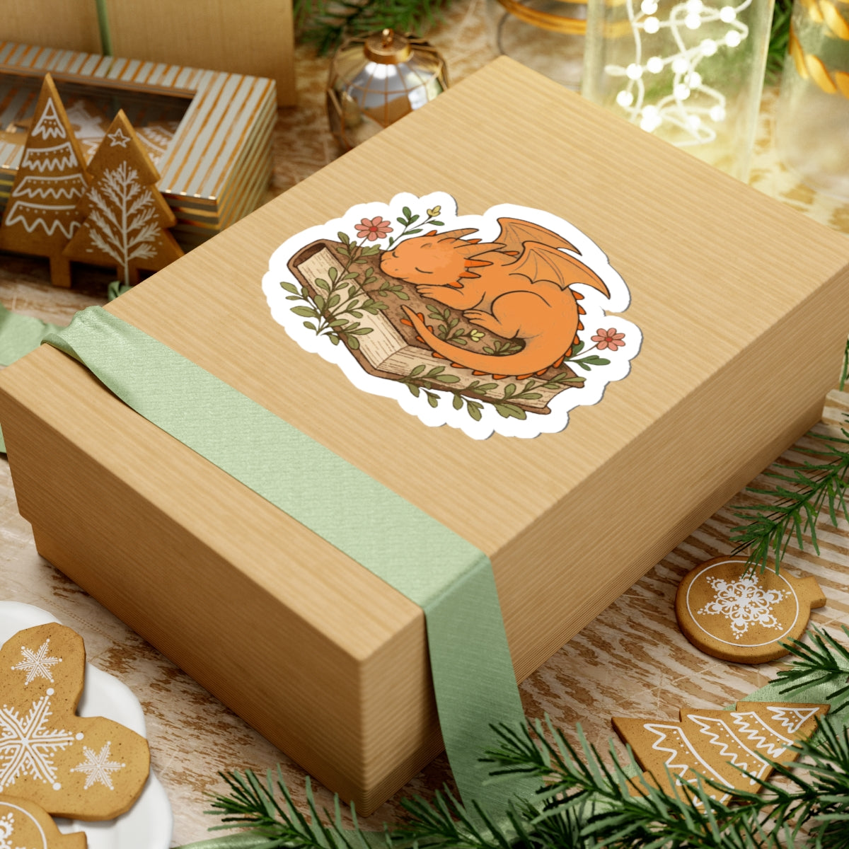 Sleeping Dragon Sticker — Cute Orange Dragon Napping on Book, Cozy Fantasy Laptop Decals