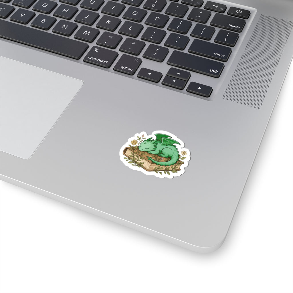 Sleeping Dragon Sticker — Cute Green Dragon on Vintage Book Sticker