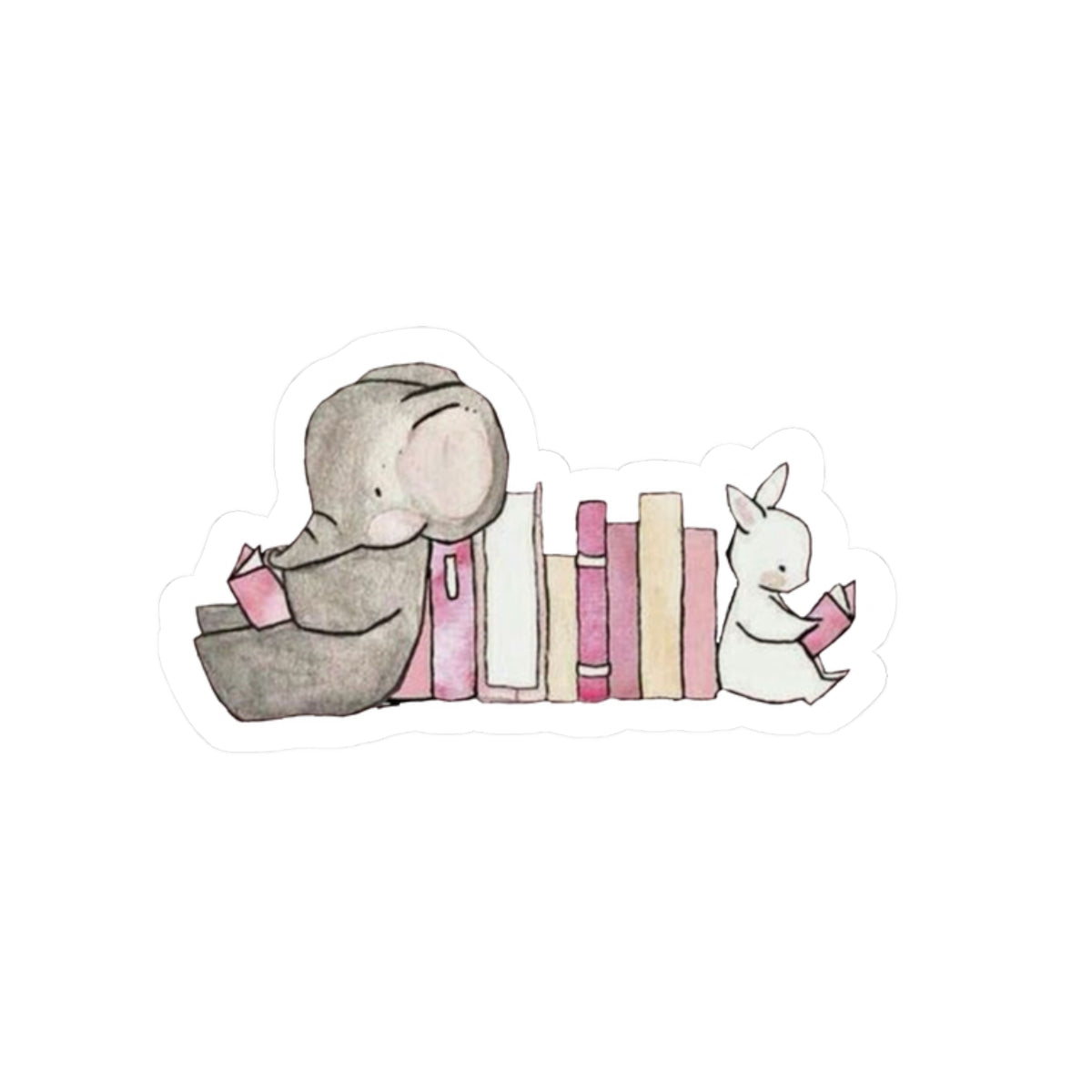 Cute Elephant & Bunny Reading Bookstack Sticker — Watercolor Kids Laptop Decal